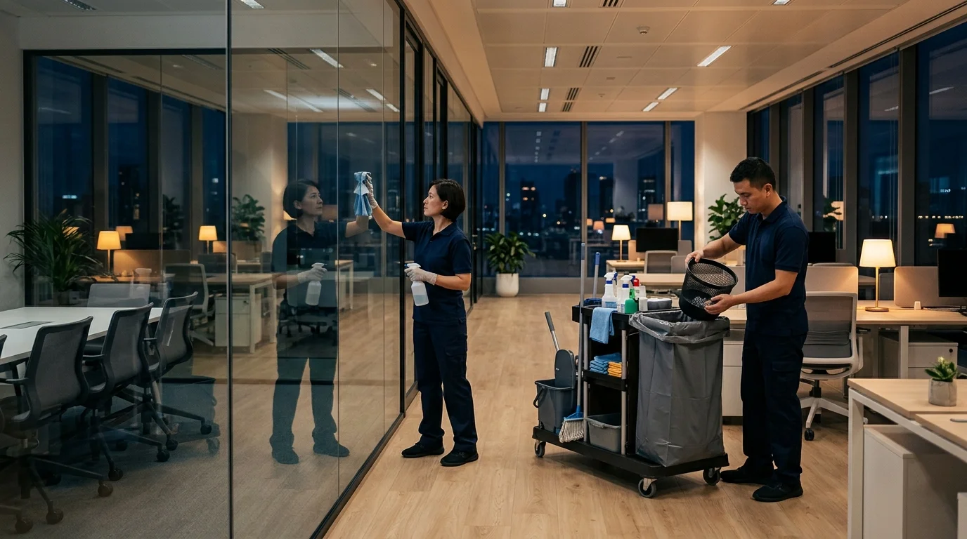 Empty office with a cleaning crew working quietly after business hours