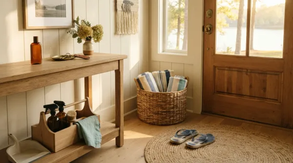 Lake house entryway after summer with folded beach towels in a basket, sandy flip-flops on the doormat, and eco cleaning supplies in soft evening light