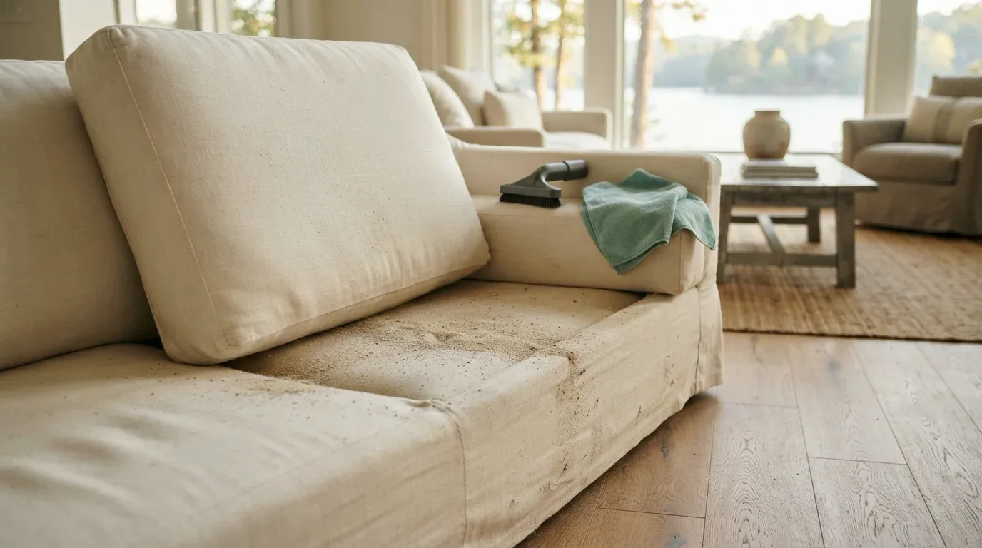 A lifted sofa cushion revealing fine sand scattered across the seat deck, with an upholstery attachment and a green cloth resting on the arm in bright lake light.