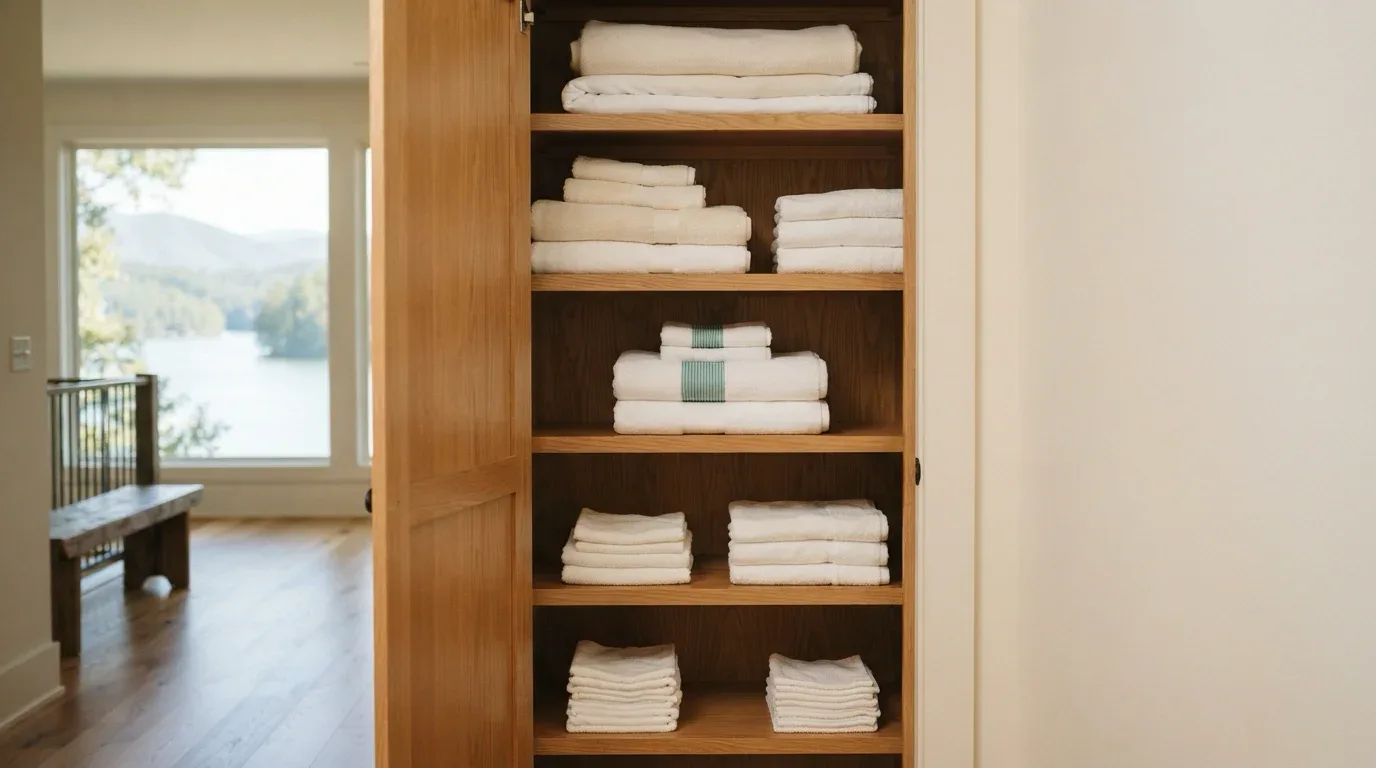 An open oak linen closet with white towels and linens neatly spaced on the shelves, one seafoam-banded stack in the middle and a lake view down the hall.