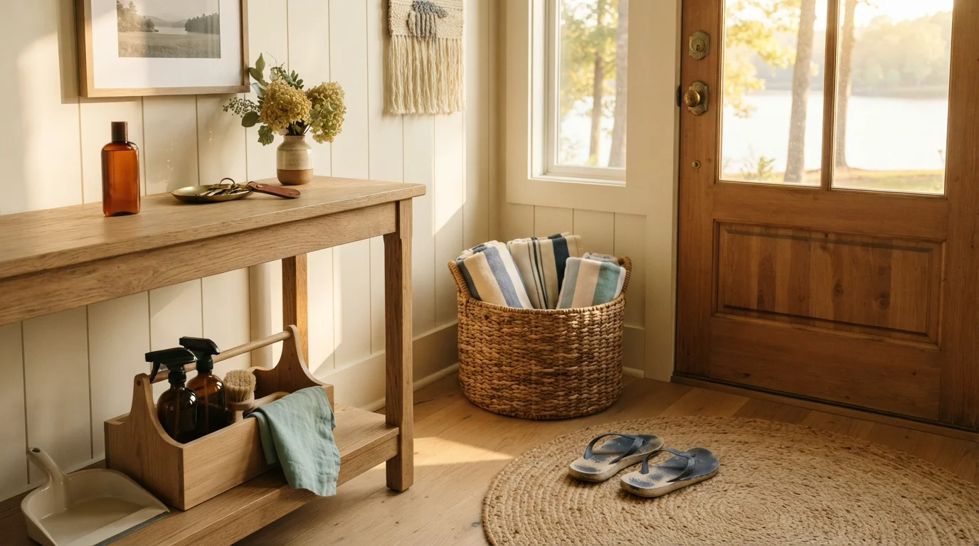 Lake house entryway after summer with folded beach towels in a basket, sandy flip-flops on the doormat, and eco cleaning supplies in soft evening light