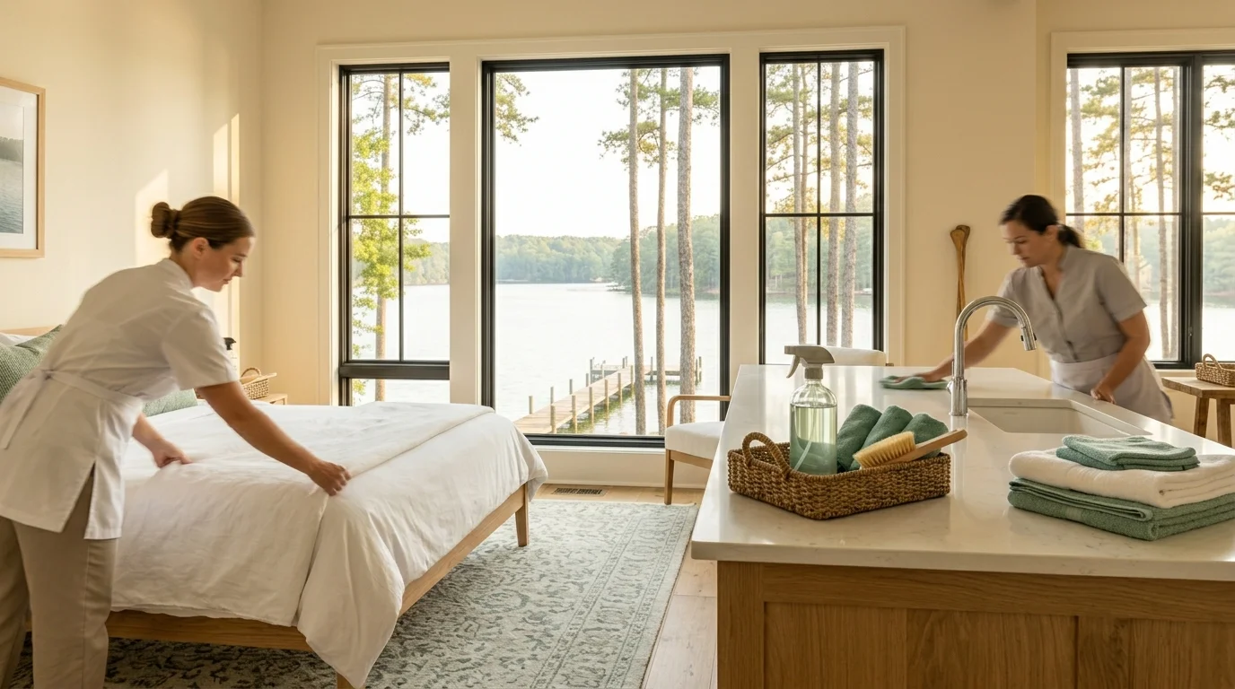 A two-person team mid-turnover in a sunlit Lake Lanier rental — one making the bed with fresh white linens, the other wiping the kitchen island by a caddy of sage towels and a spray bottle, the lake and dock through the windows