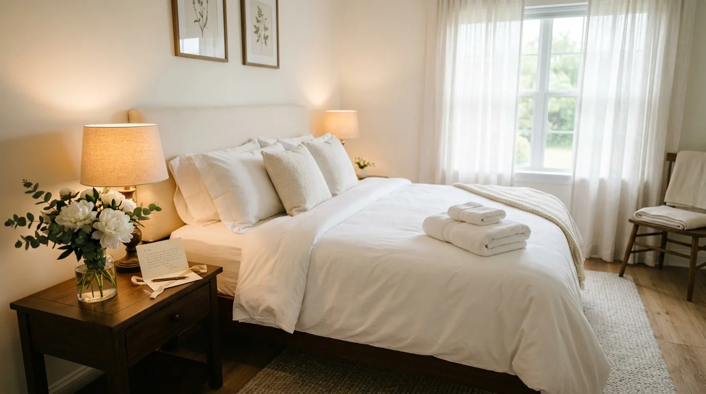 Welcoming guest bedroom with fresh linens, folded towels, and a small flower arrangement