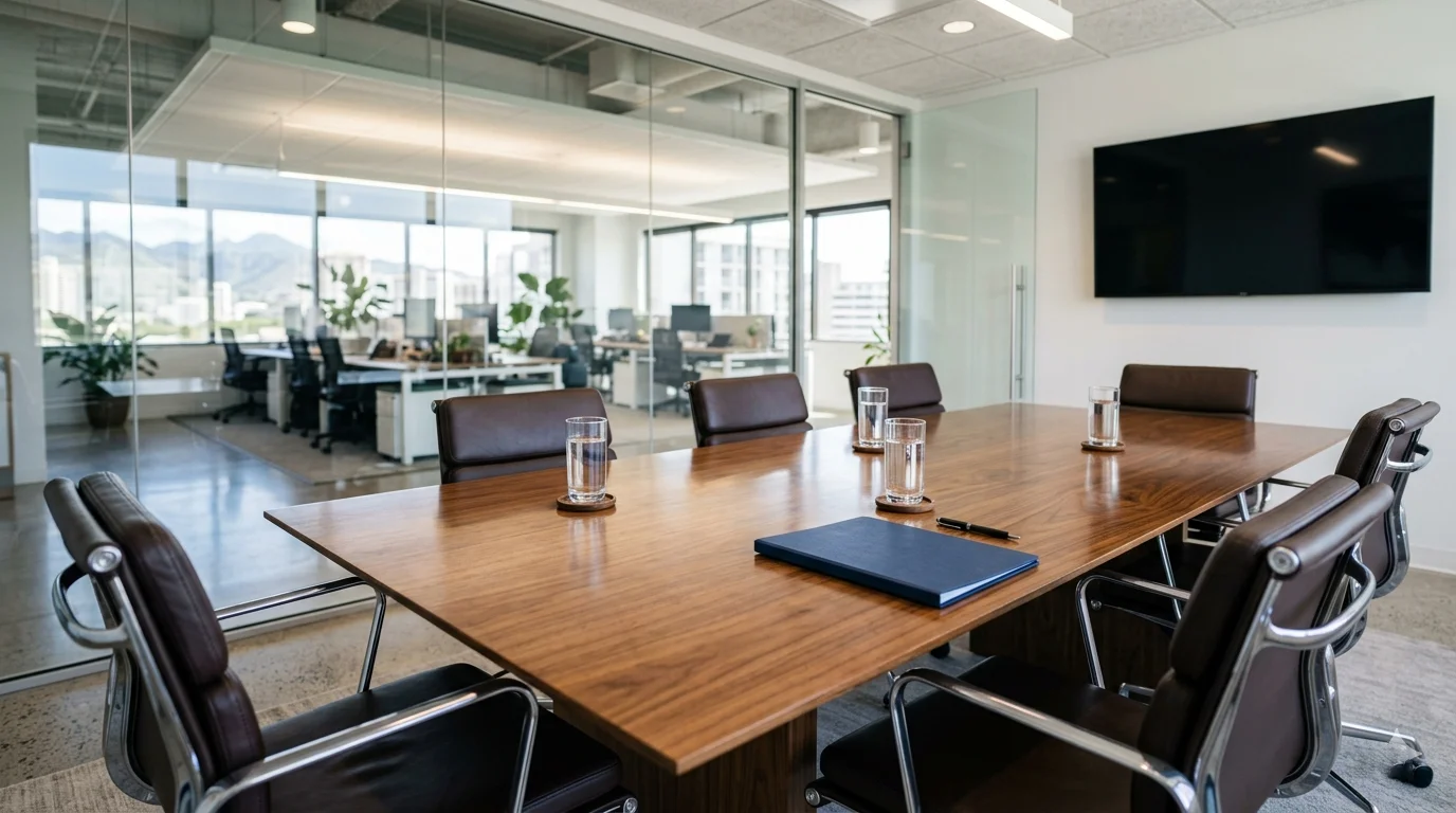 Modern conference room freshly cleaned and ready for a morning meeting