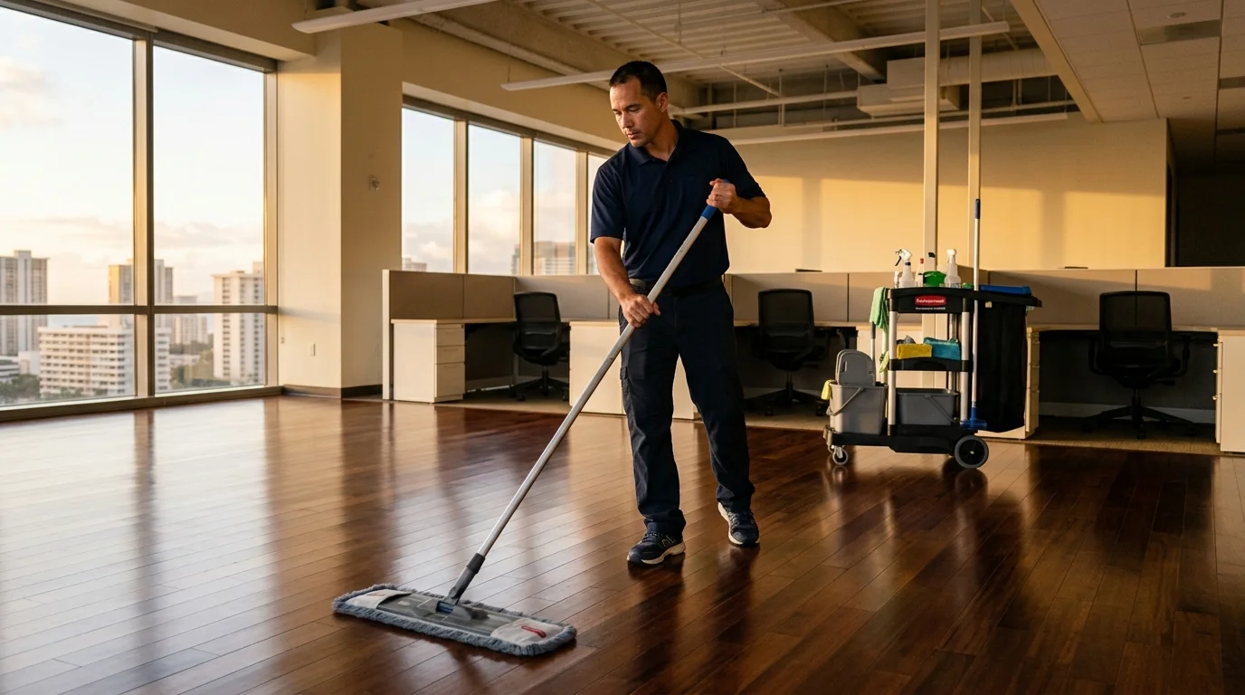 Professional cleaner mopping a commercial floor at dawn