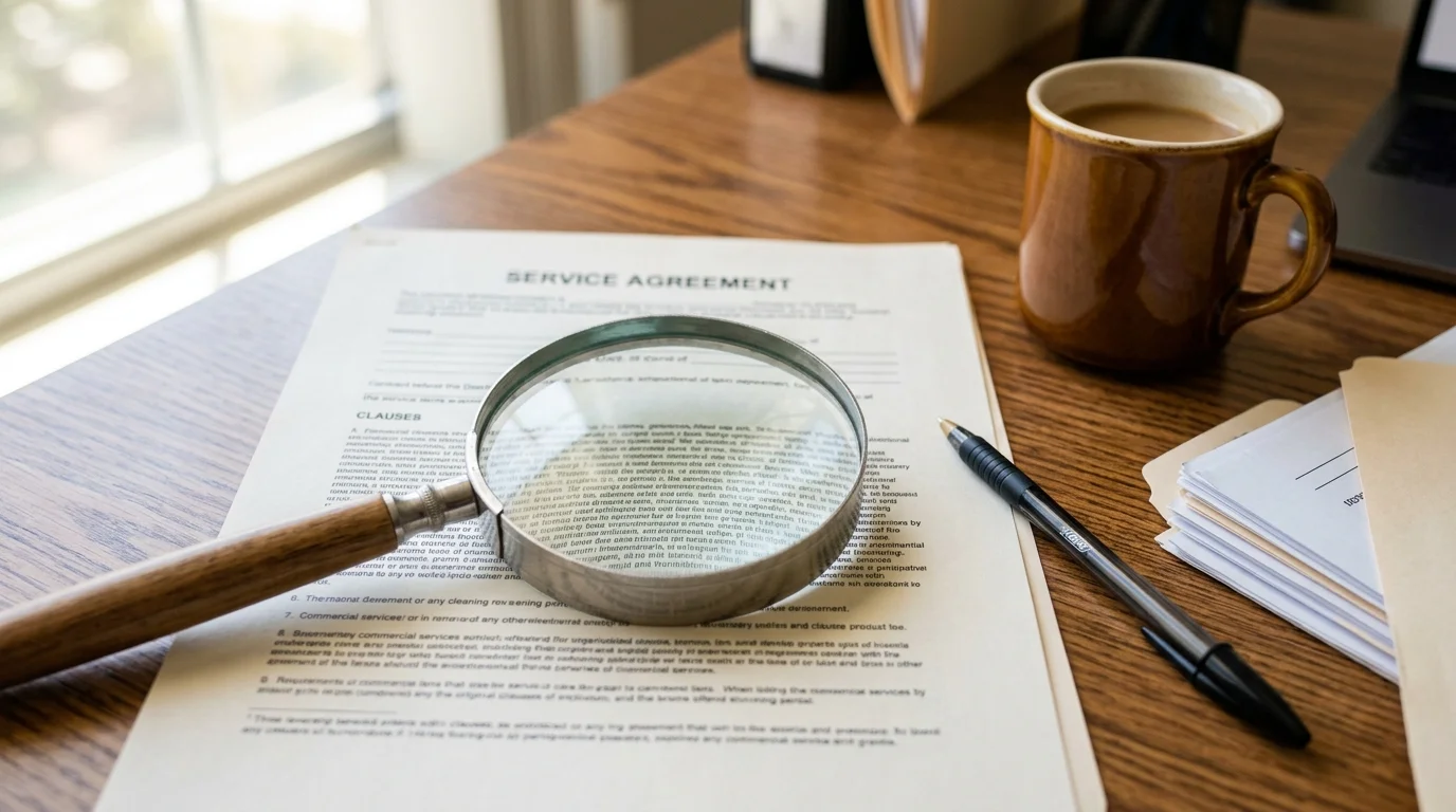 Magnifying glass over a commercial cleaning service contract highlighting fine print