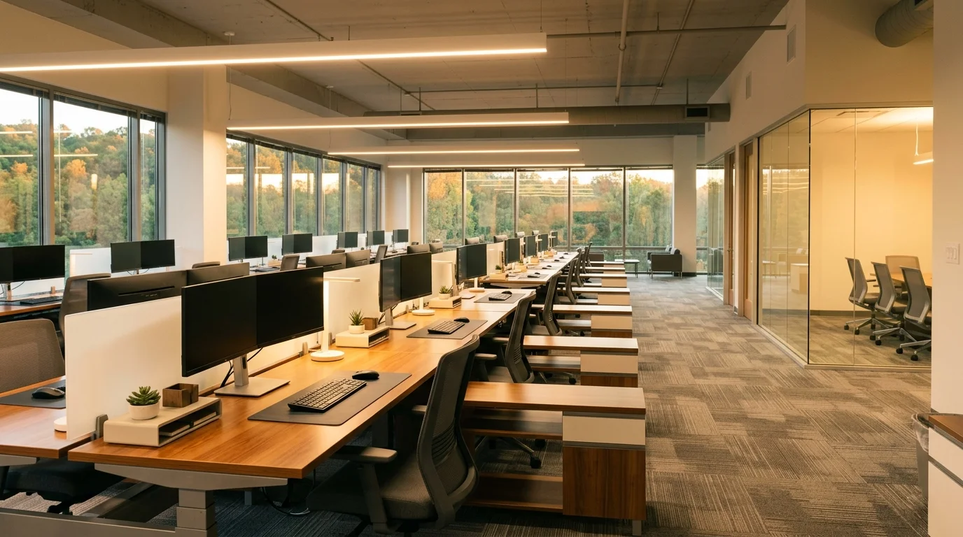 Modern professional office space at end-of-day, prepared for the next workday