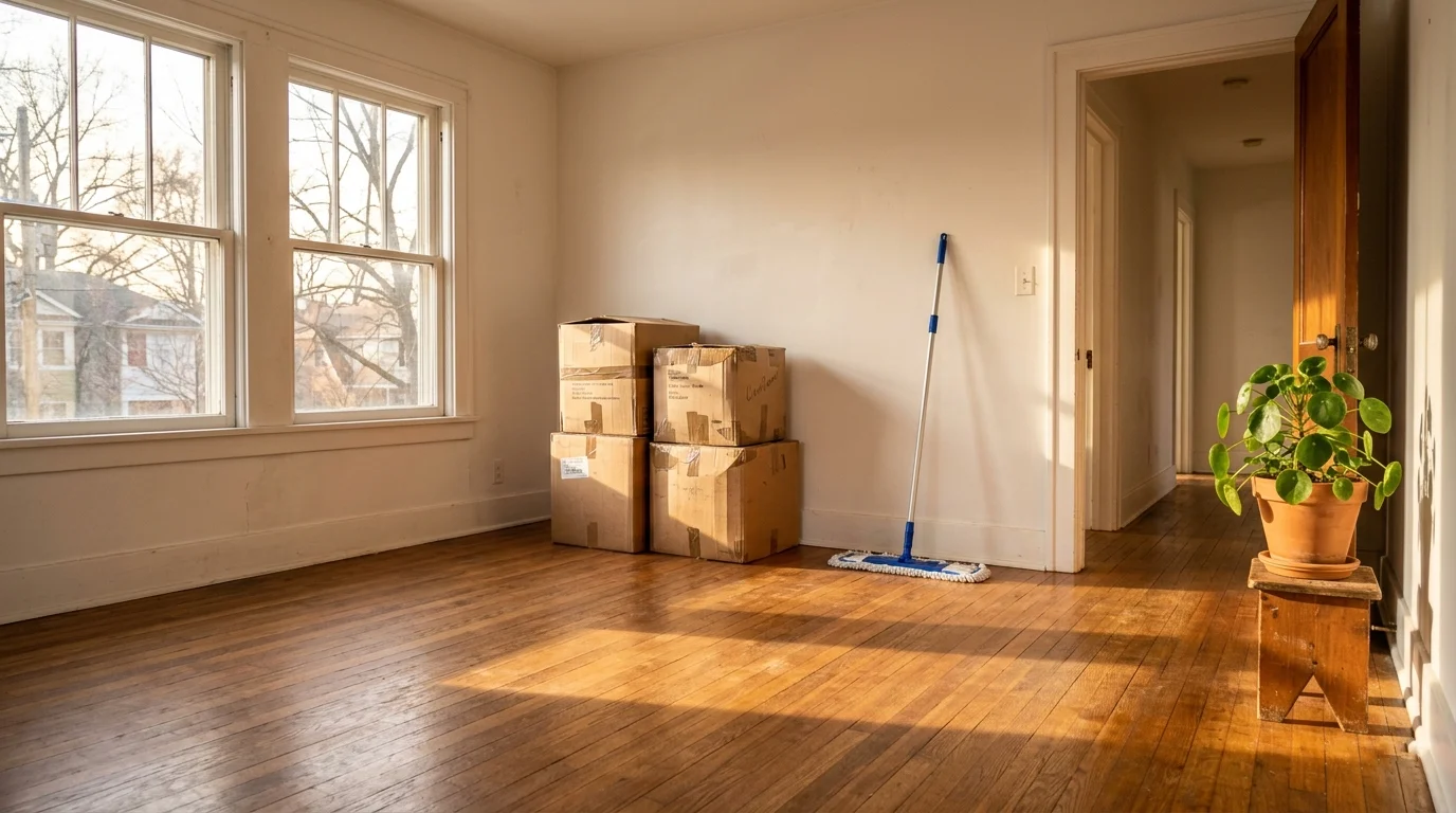Stacked moving boxes in an empty room ready for professional cleaning