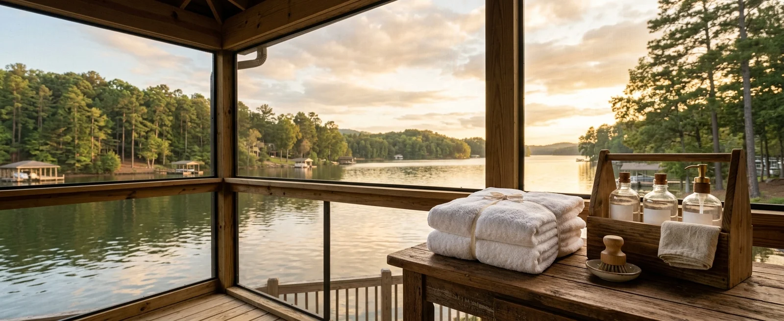 Folded towels and unlabeled plant-based cleaning supplies on a screened porch overlooking Lake Lanier