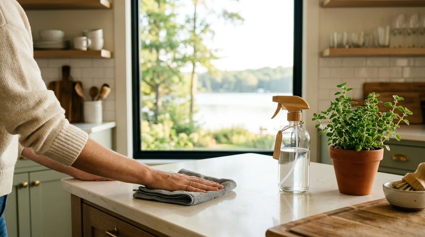 Plant-based cleaner and microfiber cloth on a lakeside kitchen counter in soft morning light