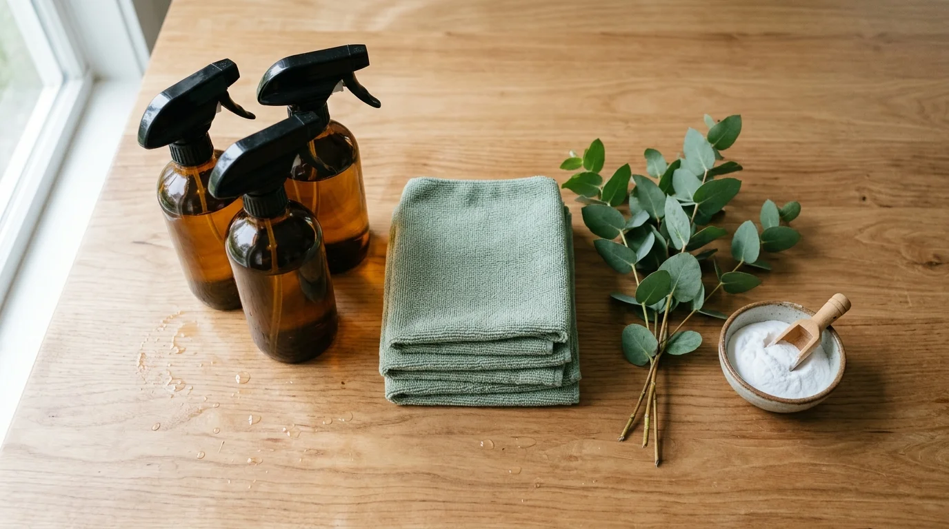 Plant-based cleaning sprays and microfiber cloths arranged on a wooden surface
