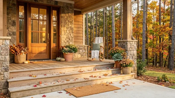 Fallen autumn leaves on a North Georgia front porch with mums, planters, and a doormat by the door