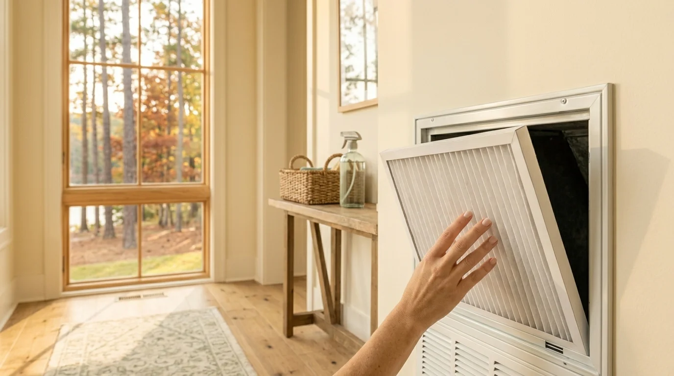 A hand sliding a fresh pleated filter into a wall HVAC return vent, with autumn light through the window