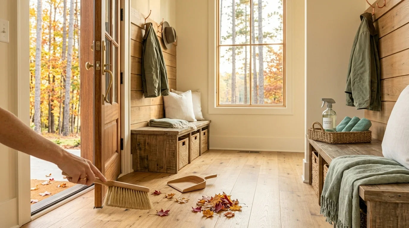 Sweeping fallen autumn leaves from a bright mudroom entryway, with a bench, baskets, and coats by an open door
