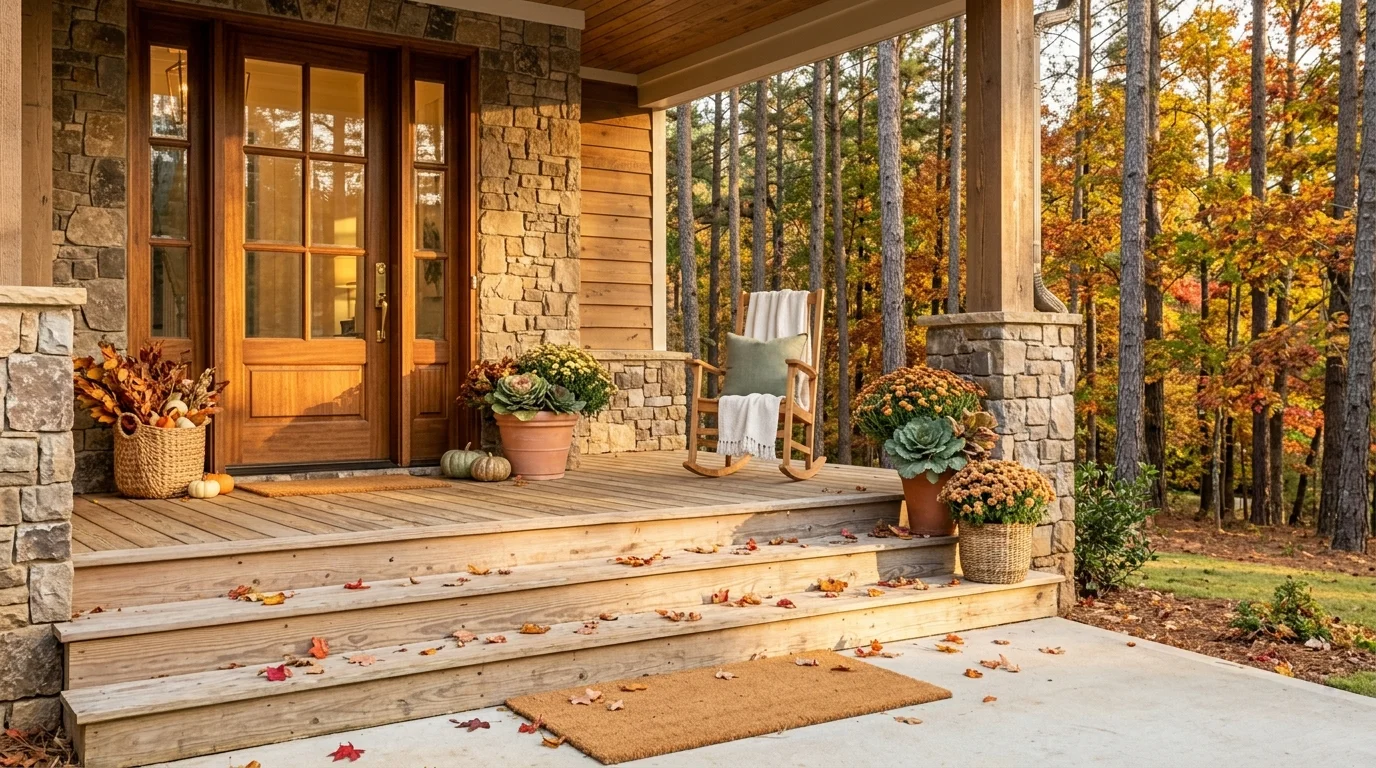 Fallen autumn leaves on a North Georgia front porch with mums, planters, and a doormat by the door
