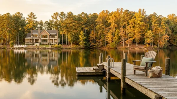 A Lake Lanier house across calm autumn water, seen from a wooden dock with Adirondack chairs at golden hour