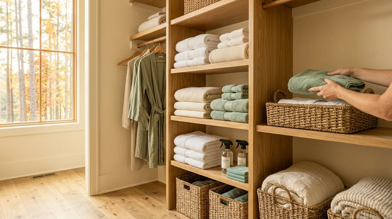 An organized lakeside linen closet with folded sage and white towels and woven baskets in soft autumn light