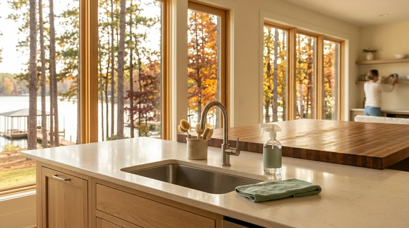 A lake house kitchen cleaned for the season with brushes and a spray bottle on the counter and an autumn Lake Lanier and dock framed in the windows