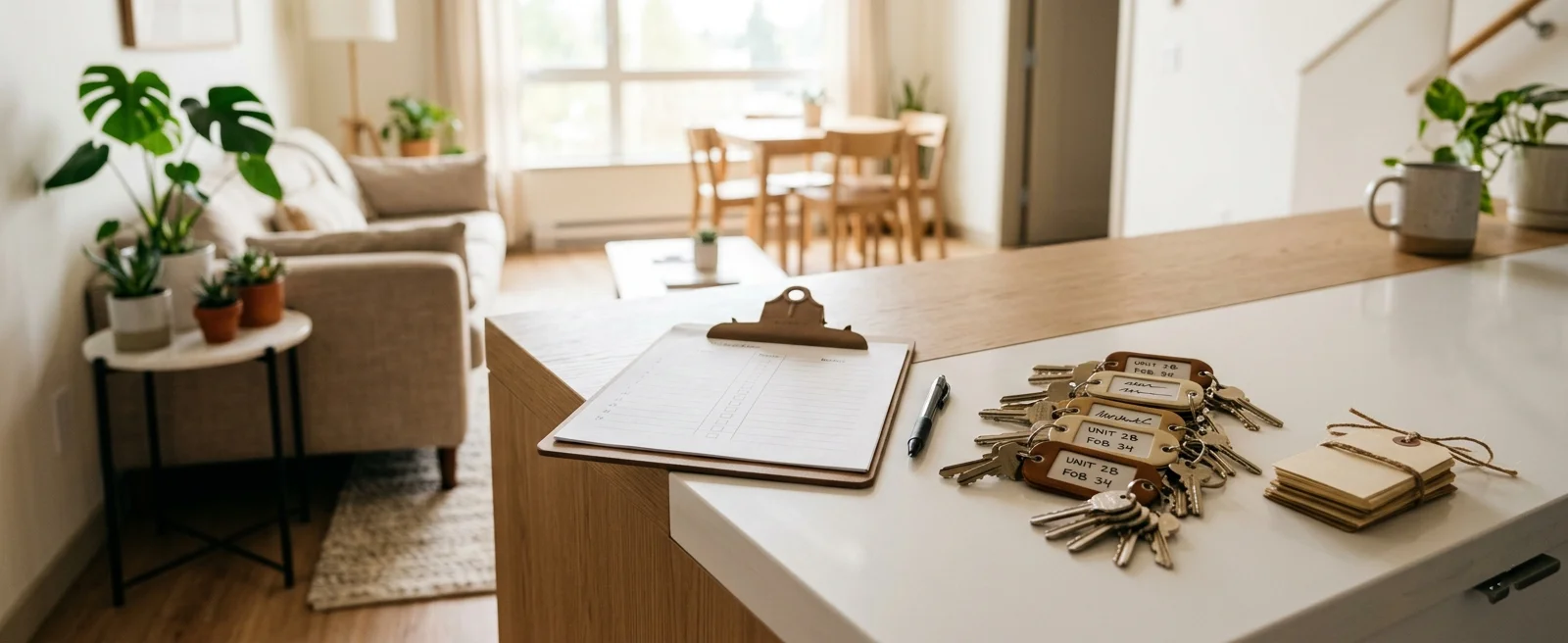 Key sets and a turnover checklist on the counter of a freshly cleaned vacant rental unit