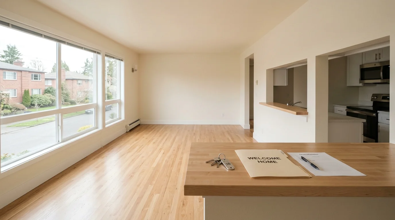 Freshly turned-over vacant rental unit with keys resting on the kitchen counter