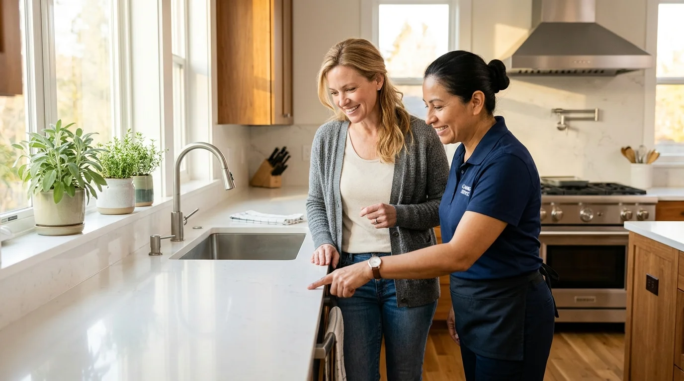 Cleaner and homeowner doing final walkthrough together to confirm satisfaction