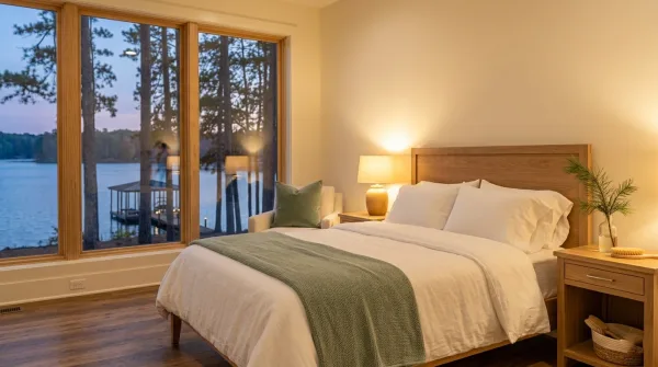 A guest bedroom at dusk with white linens, a sage knit throw, a warm bedside lamp, and large windows looking out on Lake Lanier and a dock at twilight