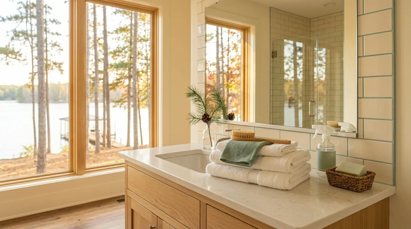 A guest bathroom vanity in warm light with stacked white folded towels, a sage washcloth, a wood grooming brush, an eco-friendly spray bottle and bar soap in a woven basket, and a window onto the lake and autumn pines