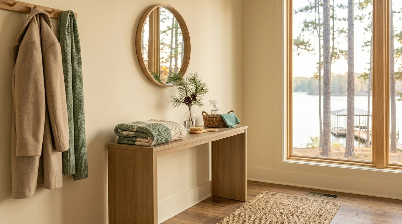 A lake-house entryway with a wool coat and green scarf on wall pegs, a round mirror, a slim oak console holding a folded throw and a pine sprig, a woven basket with a cloth and spray bottle, a jute rug, and a large window onto the pines and dock