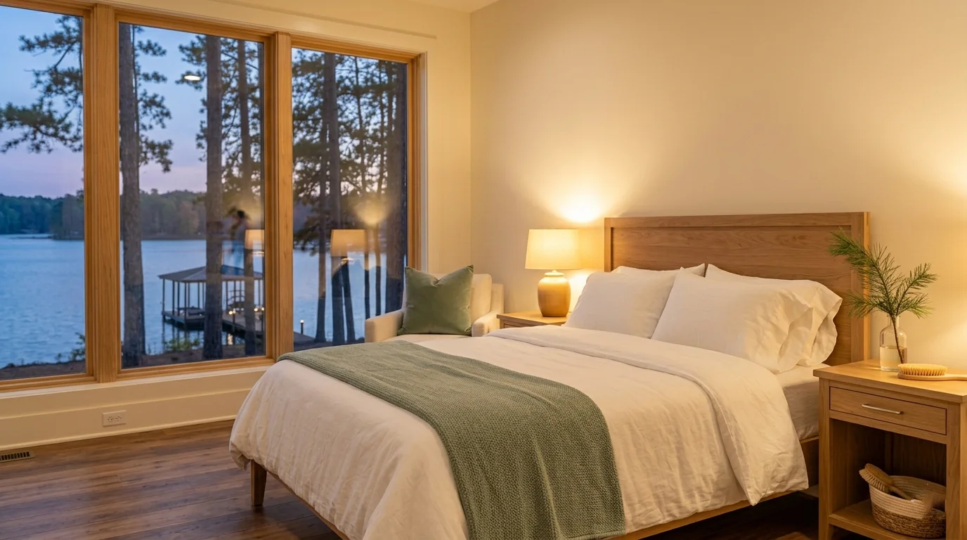 A guest bedroom at dusk with white linens, a sage knit throw, a warm bedside lamp, and large windows looking out on Lake Lanier and a dock at twilight