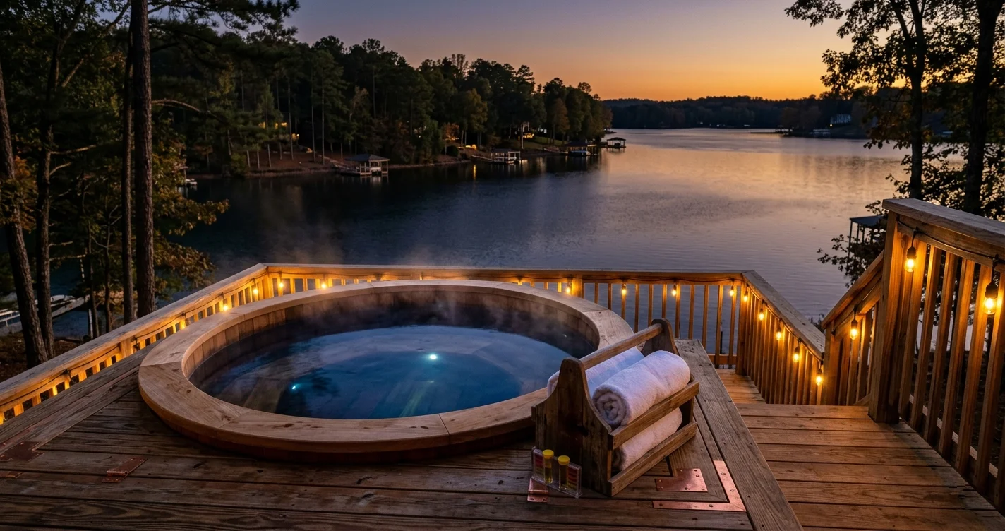 A clean, well-maintained hot tub on a Lake Lanier vacation rental deck at golden hour
