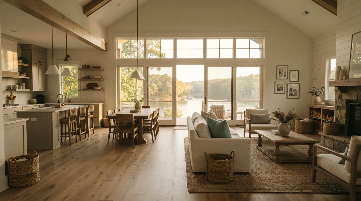 An open-plan lake house great room with a kitchen, dining table and living area under a vaulted beamed ceiling, with wide oak floors and a wall of windows onto Lake Lanier
