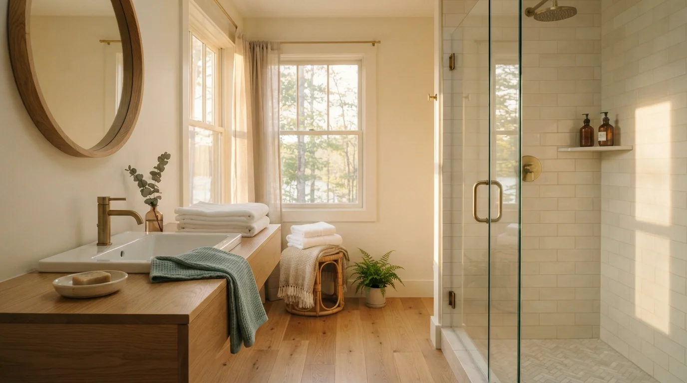 A lake house bathroom with folded white towels on an oak vanity, a seafoam-teal towel over the edge and a glass shower enclosure in soft window light