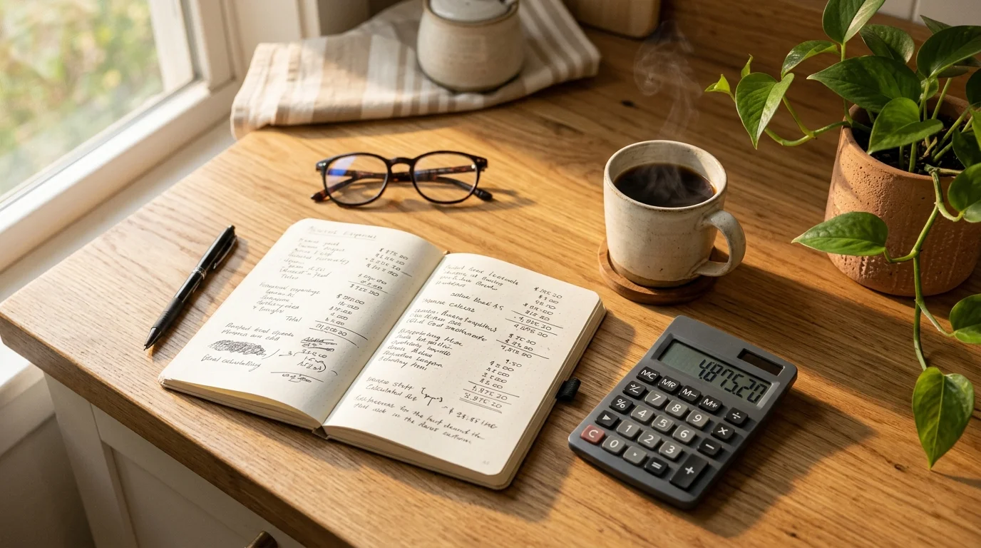 Calculator and clipboard on a clean kitchen counter showing pricing notes