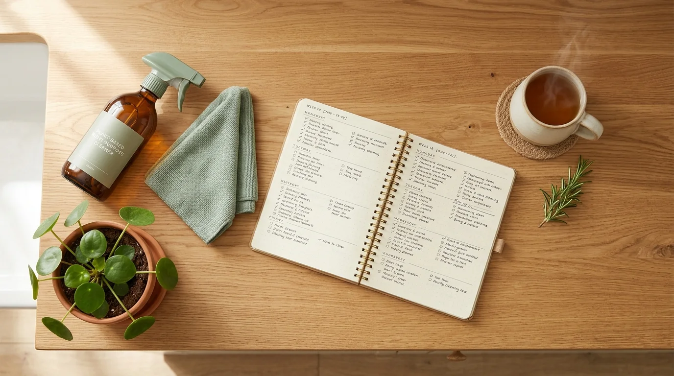 Cleaning supplies and checklist on a kitchen counter
