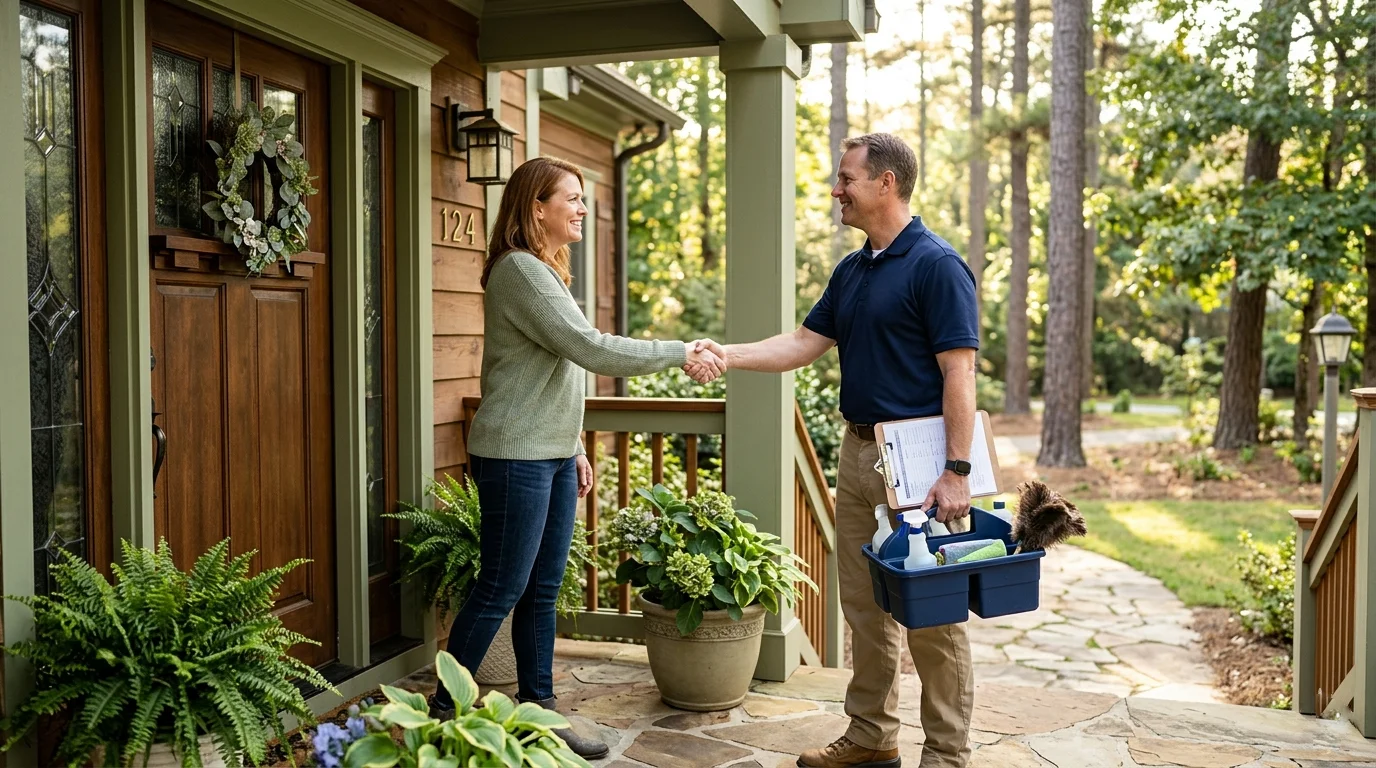 Homeowner shaking hands with a professional house cleaner at the front door
