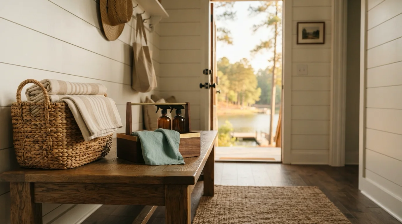 A bright lake house entry with a woven basket of folded towels, a jute mat, and a caddy of eco cleaning supplies on an oak bench, with Lake Lanier and pines visible through the open doorway