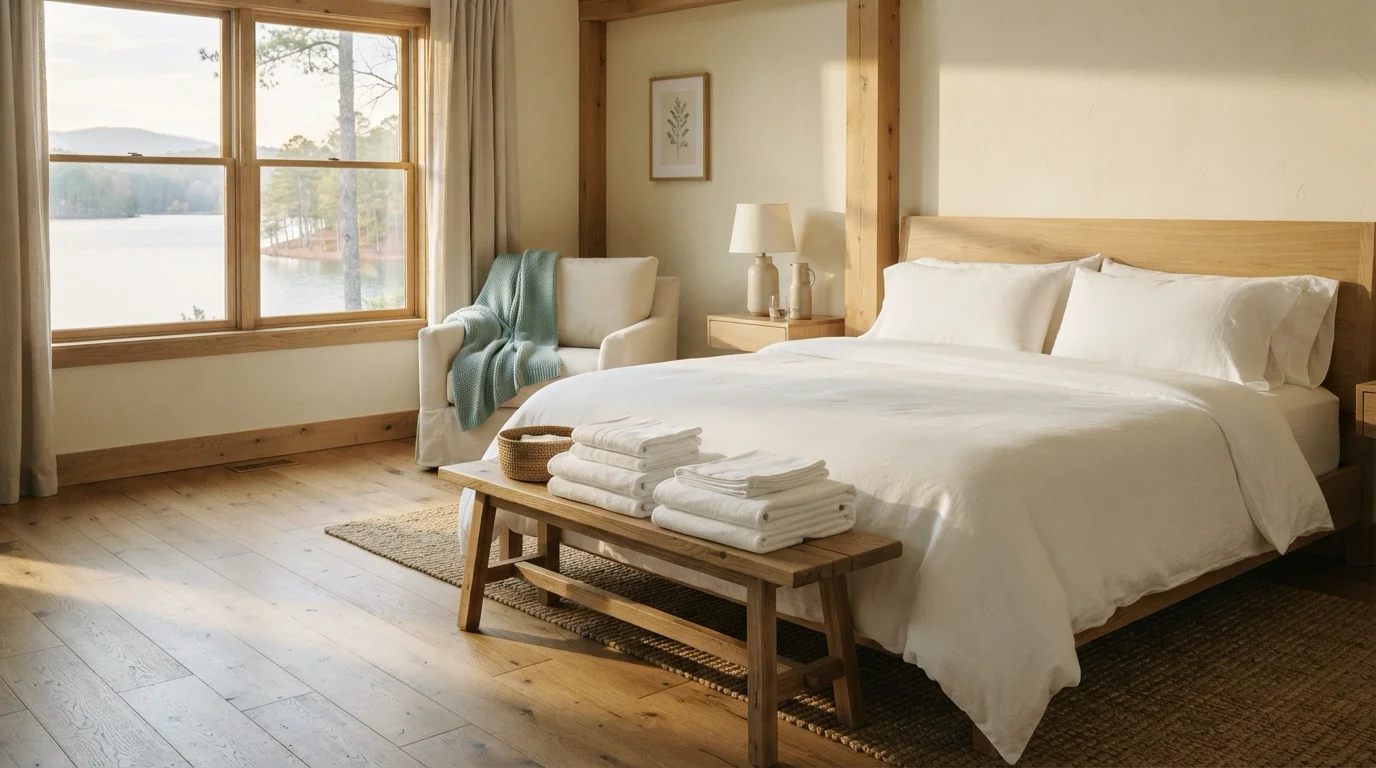 A lake house bedroom mid-changeover with crisp folded linens stacked on a bench, a seafoam-teal throw over the chair, and morning light on oak floors with the lake beyond the window