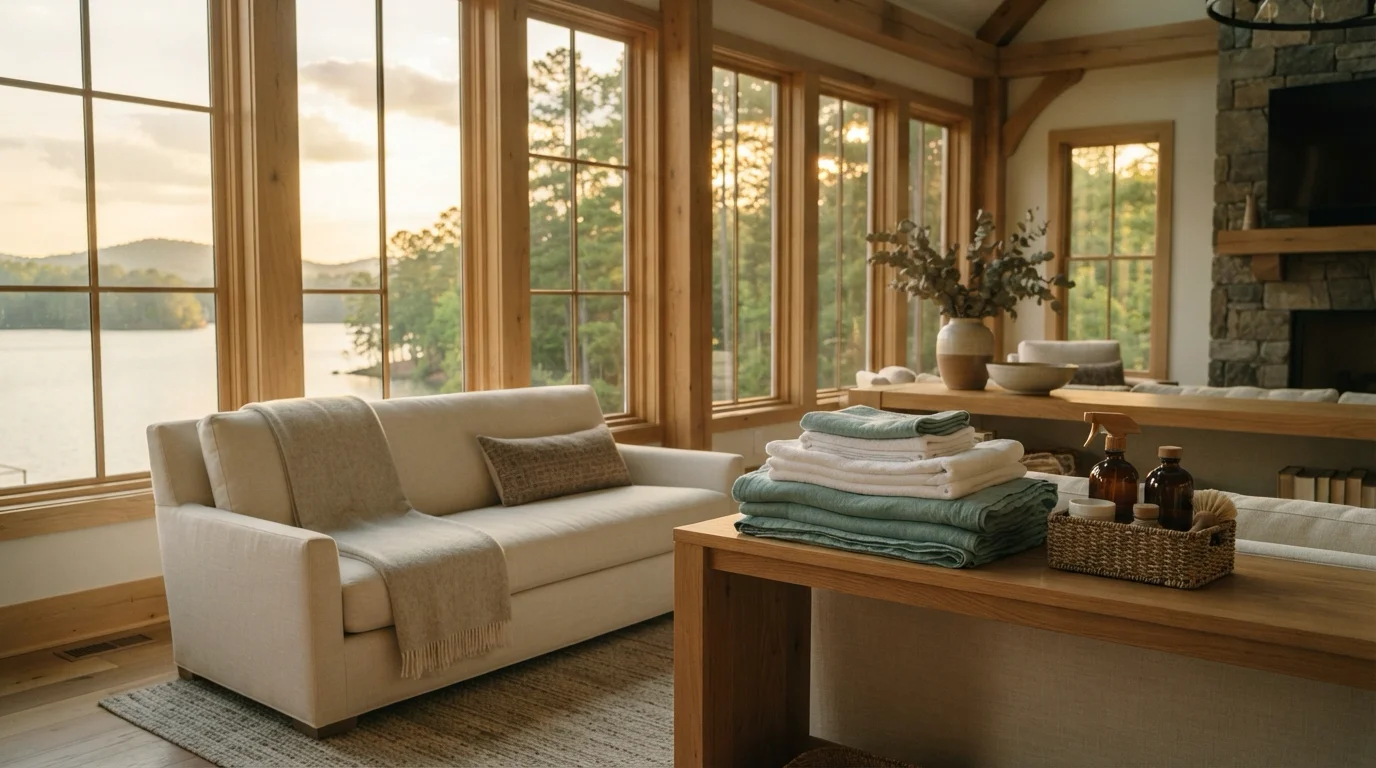 A tidy lake house great room with folded linens and a cleaning caddy on an oak console, Lake Lanier visible through tall windows in late afternoon light