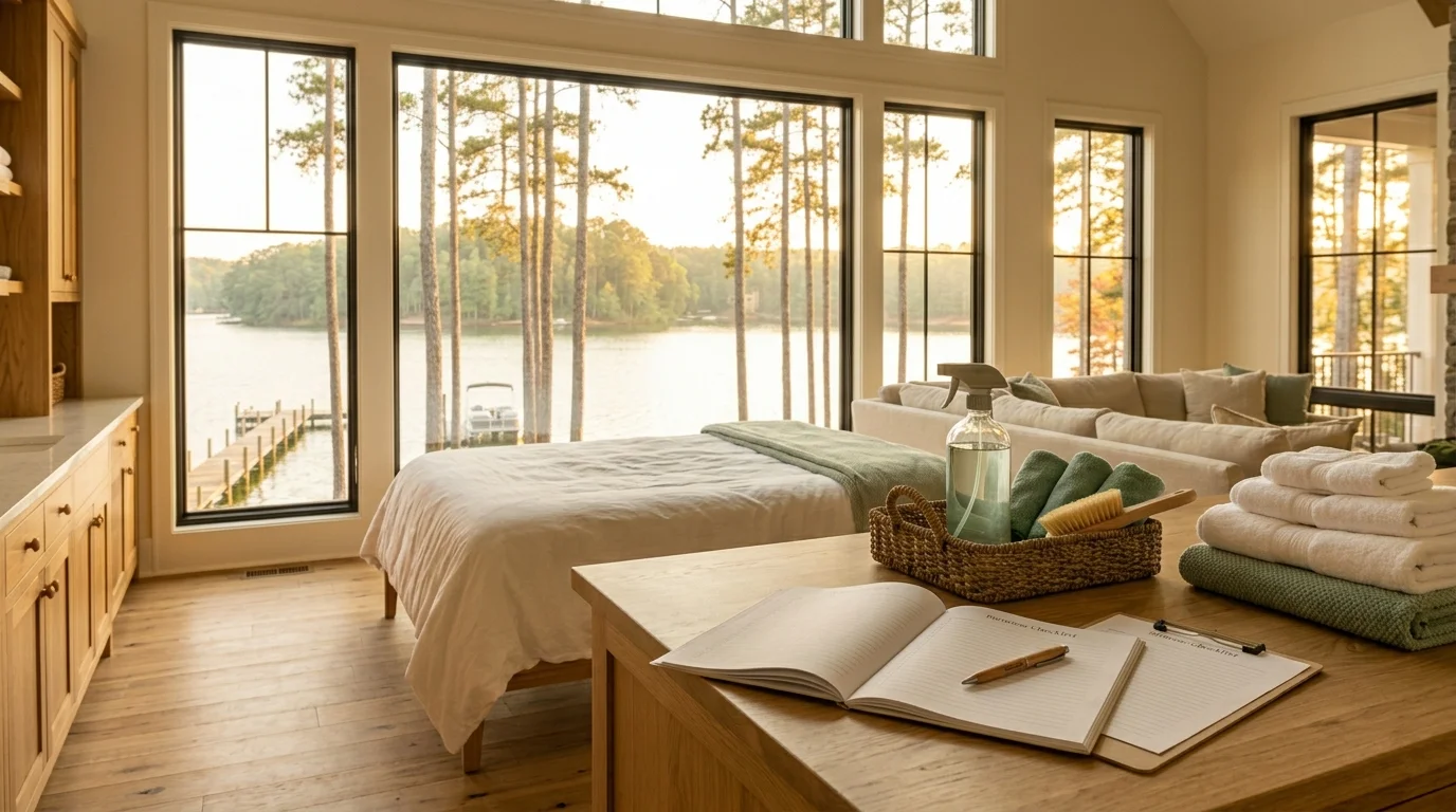 A staged Lake Lanier turnover in a lakefront great room at golden hour — fresh white bed linens and a sage throw, a cleaning caddy and an open turnover checklist on the table, the dock and water through the windows