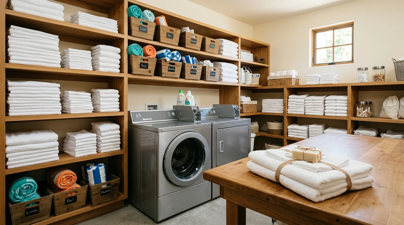 Stacked white folded linens in a vacation rental laundry room with labeled bins