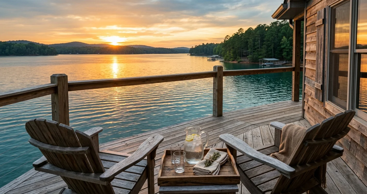 A wooded vacation rental on the west shore of Lake Lanier with a private dock visible through pines