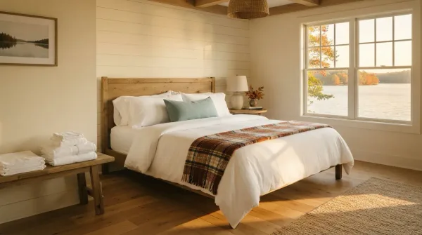 Freshly made bed with folded white linens and a plaid throw in a Lake Lanier vacation rental, fall foliage on the shoreline visible through the window