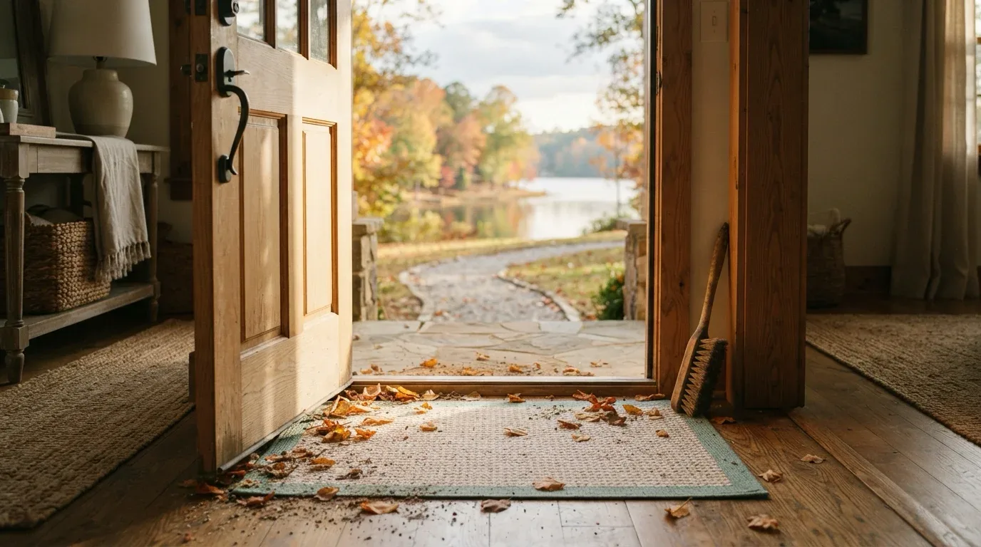 Fallen leaves and grit scattered across a lake rental's entry threshold and green-bordered mat, with a bristle brush by the open door and autumn shoreline beyond.
