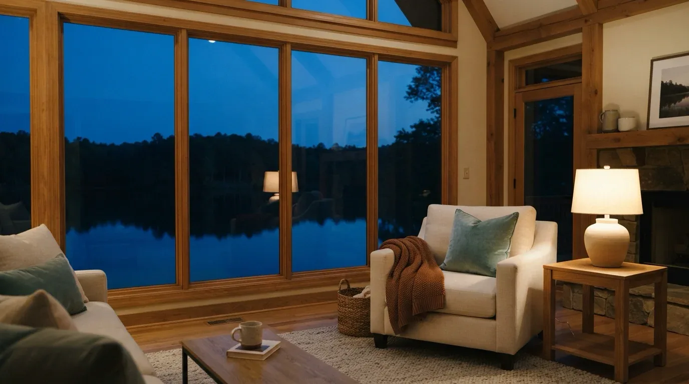 Spotless lake-facing windows at dusk framing the darkened lake, with a rust knit throw draped on a cream armchair and a lit lamp beside the stone fireplace.
