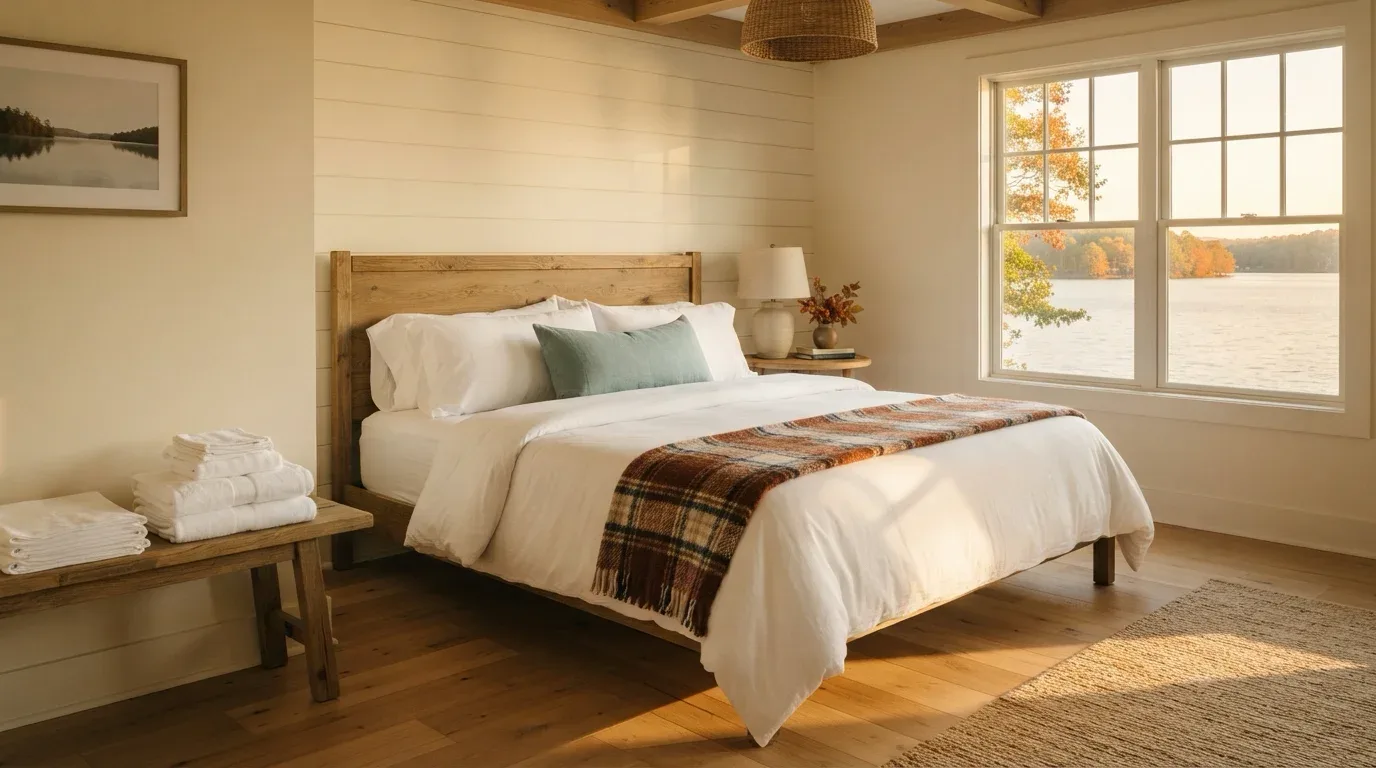 Freshly made bed with folded white linens and a plaid throw in a Lake Lanier vacation rental, fall foliage on the shoreline visible through the window
