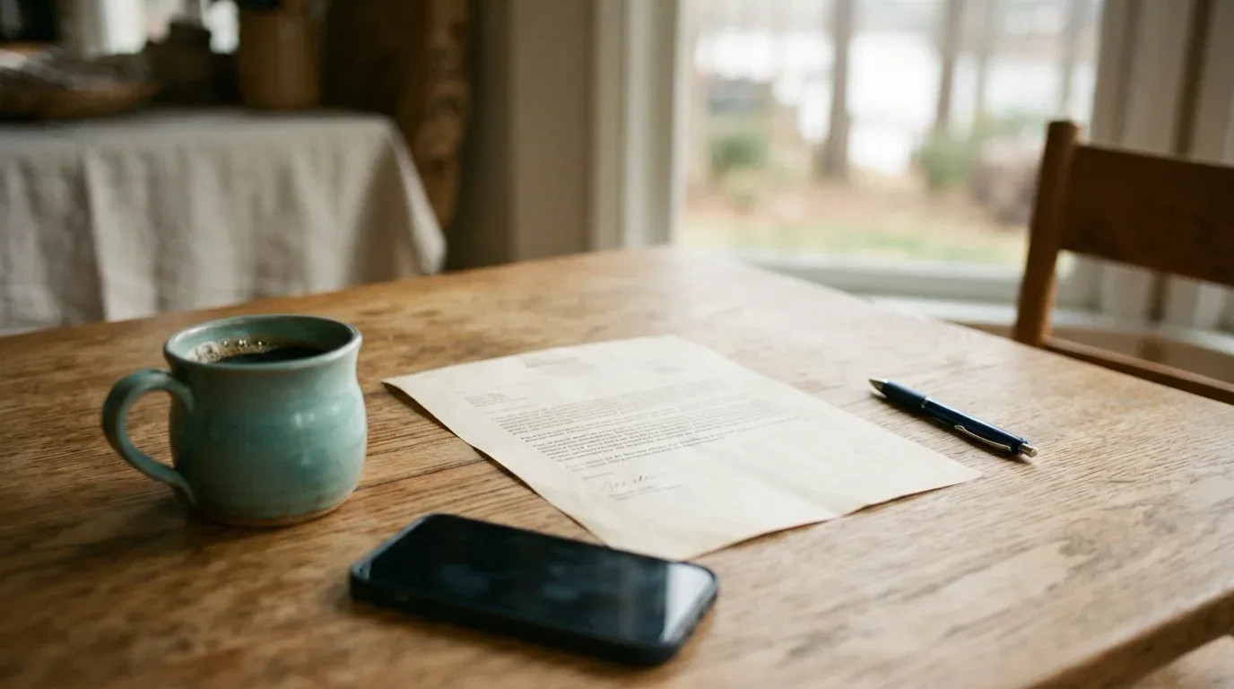 A printed letter with an illegible signature on an oak kitchen table beside a closed pen, a darkened phone, and a seafoam mug of coffee in window light.