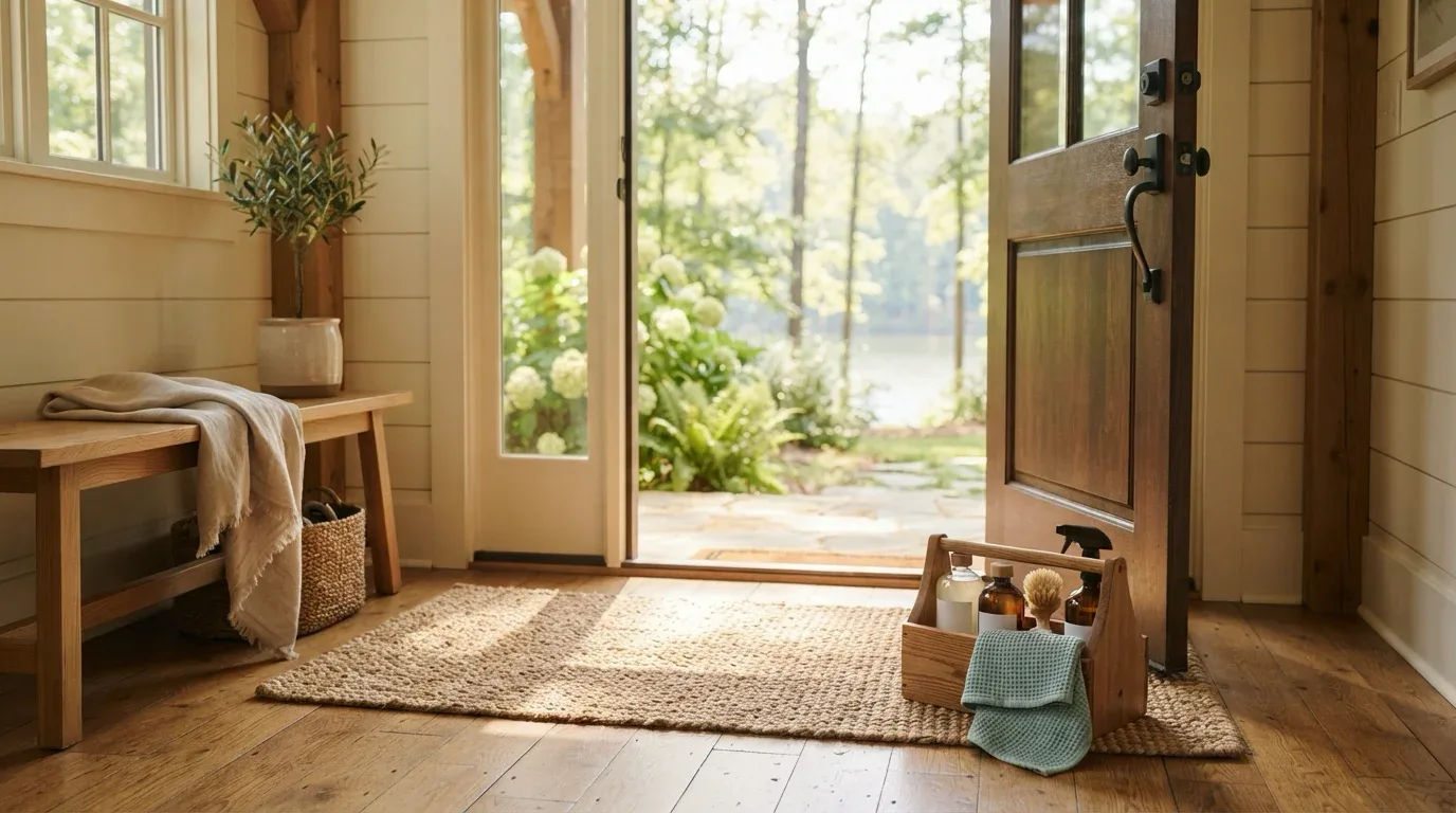 A sunlit front entry with the door open to a lake view, a jute mat, and a wooden caddy of unlabeled amber bottles, a brush, and a seafoam cloth at the threshold.