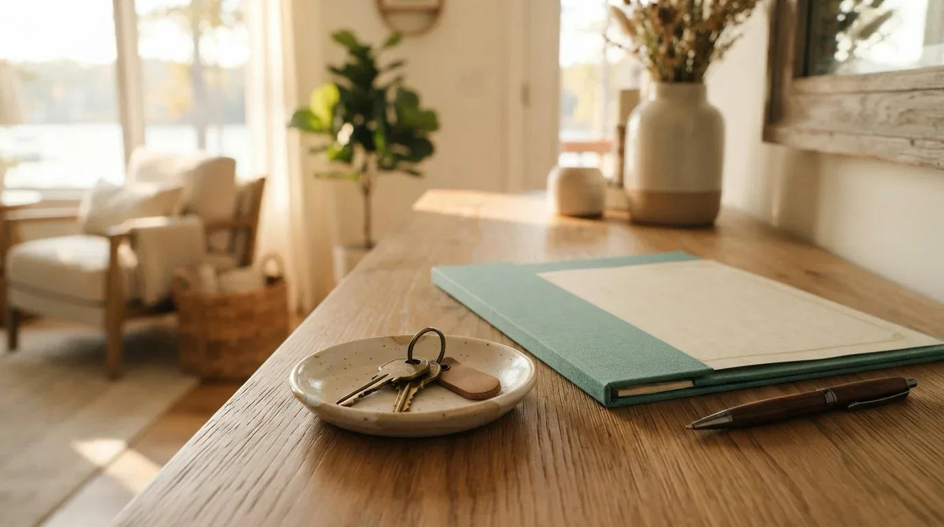 House keys in a ceramic dish beside a teal document folder on an entry console, ready for a verified cleaning service handoff