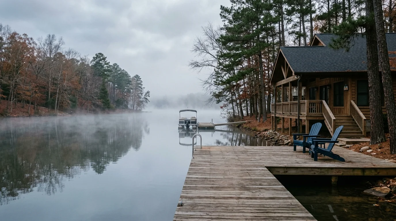 Empty lake house dock and porch in late autumn ready for off-season deep cleaning