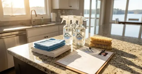 Cleaning supplies and checklist on a kitchen counter